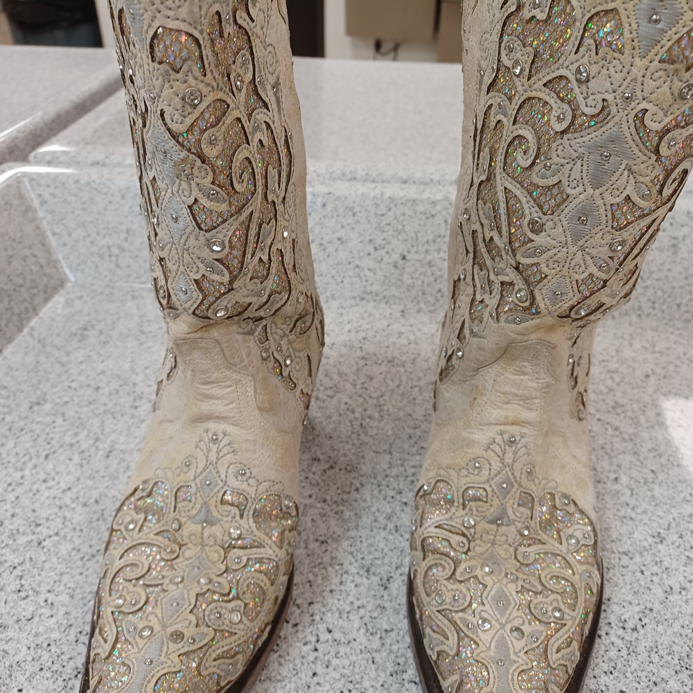 Corral Cream Embellished Heeled Boots Glitter Inlay